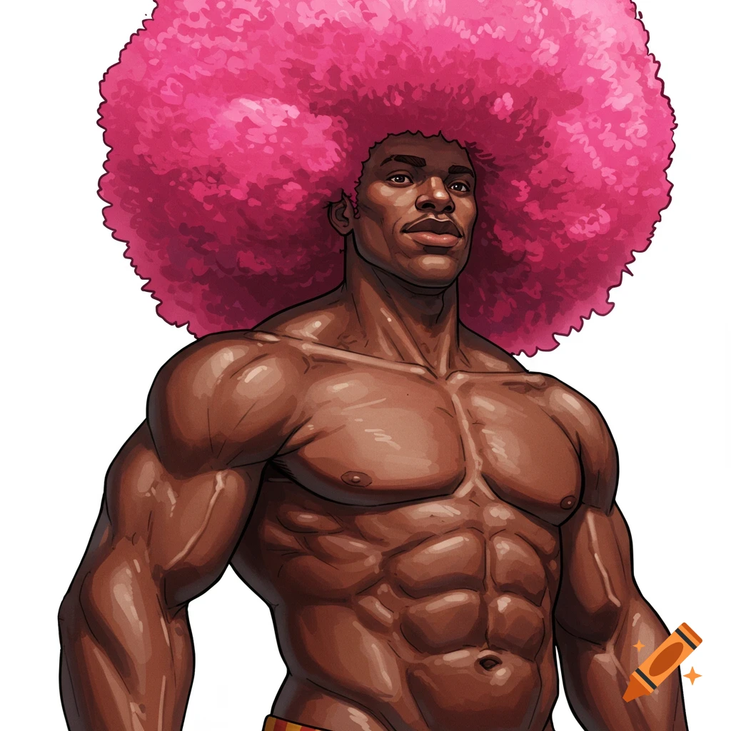 Muscled Black man with a large pink afro in an anime style.