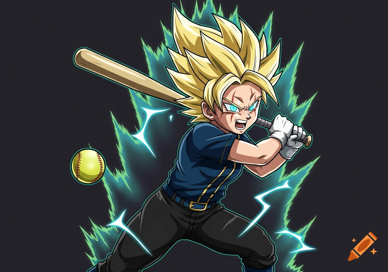 Anime character with spiky blonde hair swinging a bat at a softball, surrounded by energy aura.