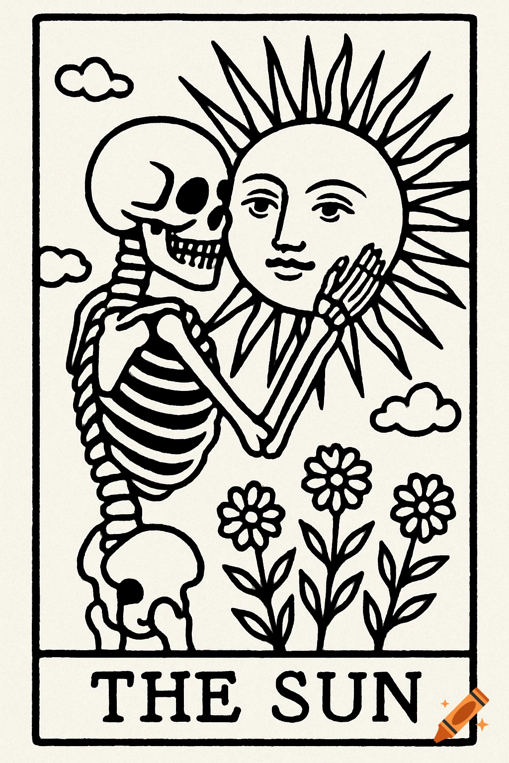 Black and white line art of a skeleton embracing the sun, with flowers below, in the style of a tarot card labeled 'THE SUN'.