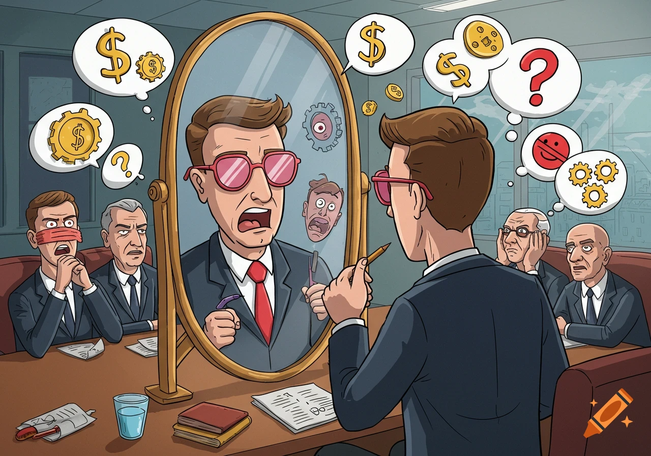Cartoon illustration of a businessman in a boardroom looking in a mirror showing distorted reflections. Thought bubbles contain symbols.