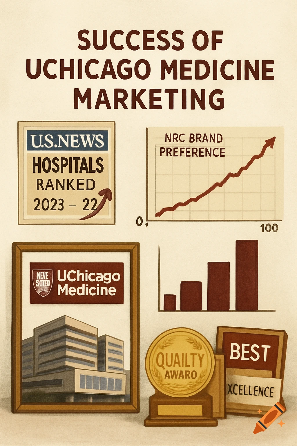 Illustration of marketing success with charts, awards, and building representation.