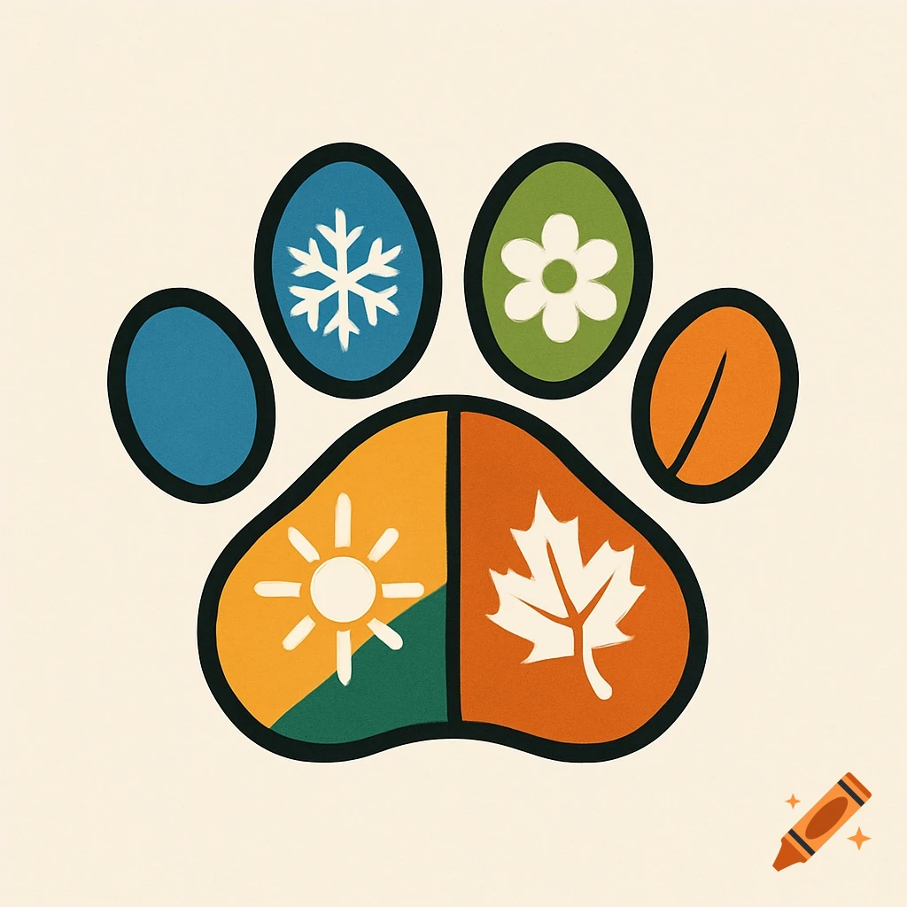 Logo of a dog paw print with symbols for four seasons