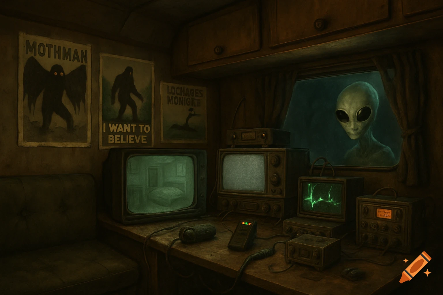 Alien looking into an RV full of paranormal equipment and cryptid posters