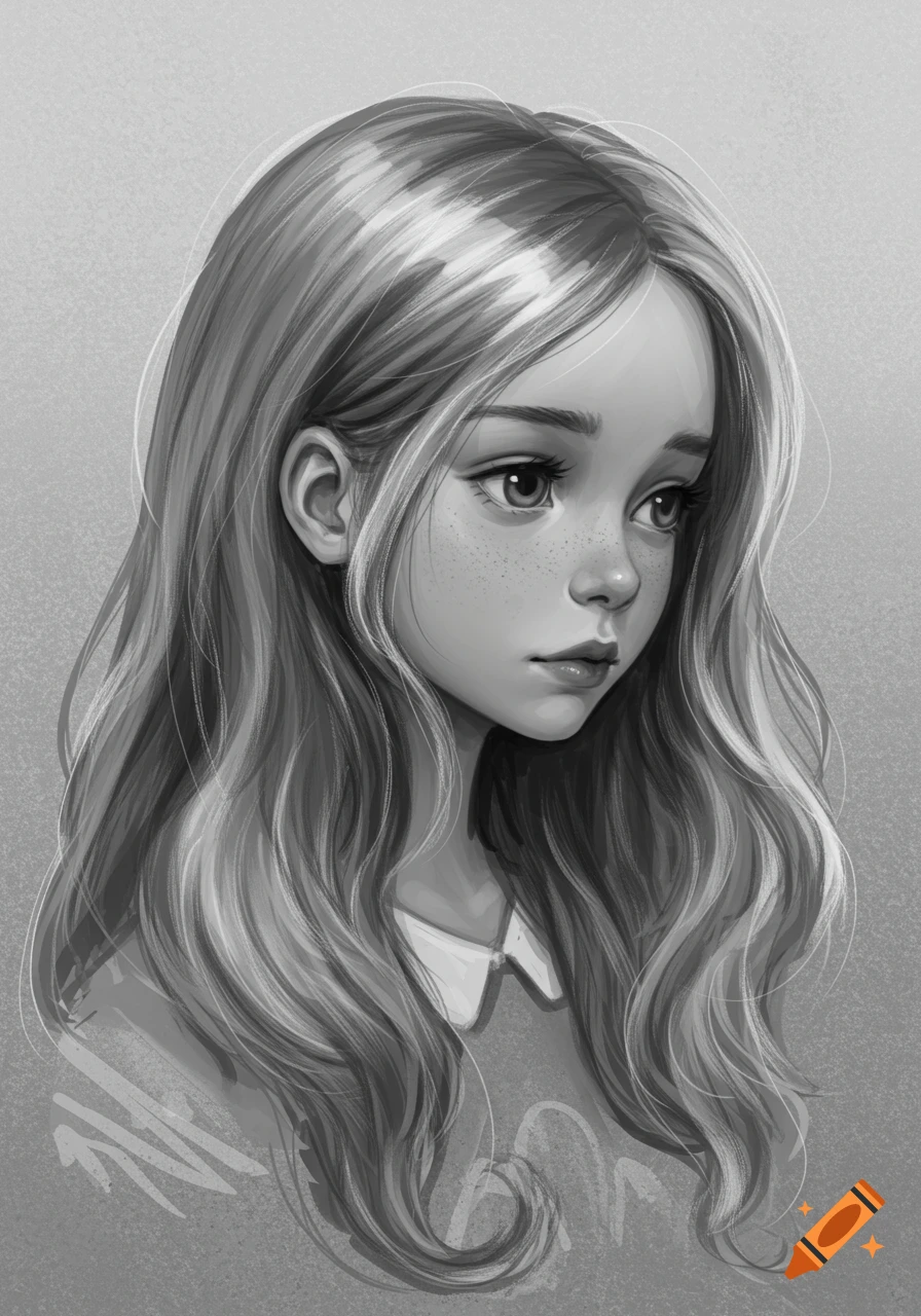 Grayscale portrait of a young girl with wavy hair looking down, digital painting.