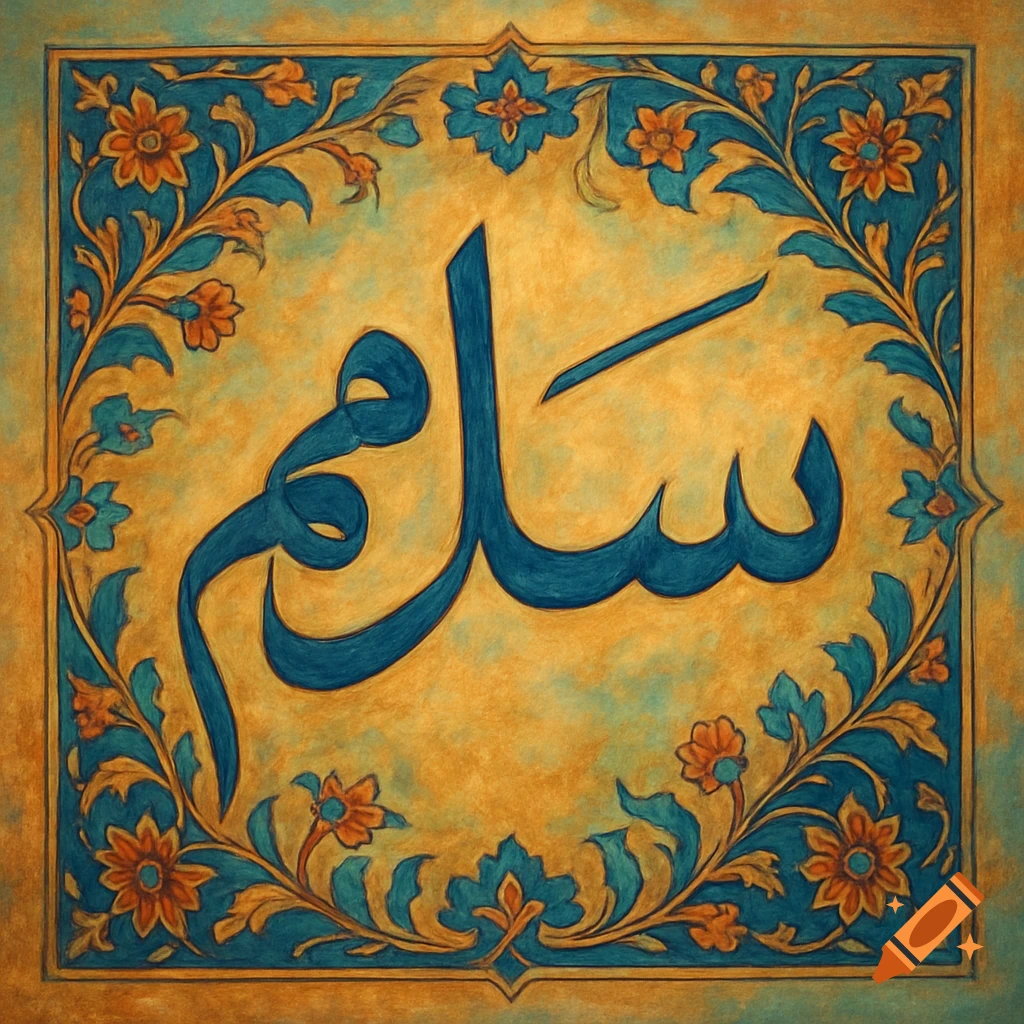 Arabic calligraphy of the word Salaam in blue with gold and blue floral border, painterly style