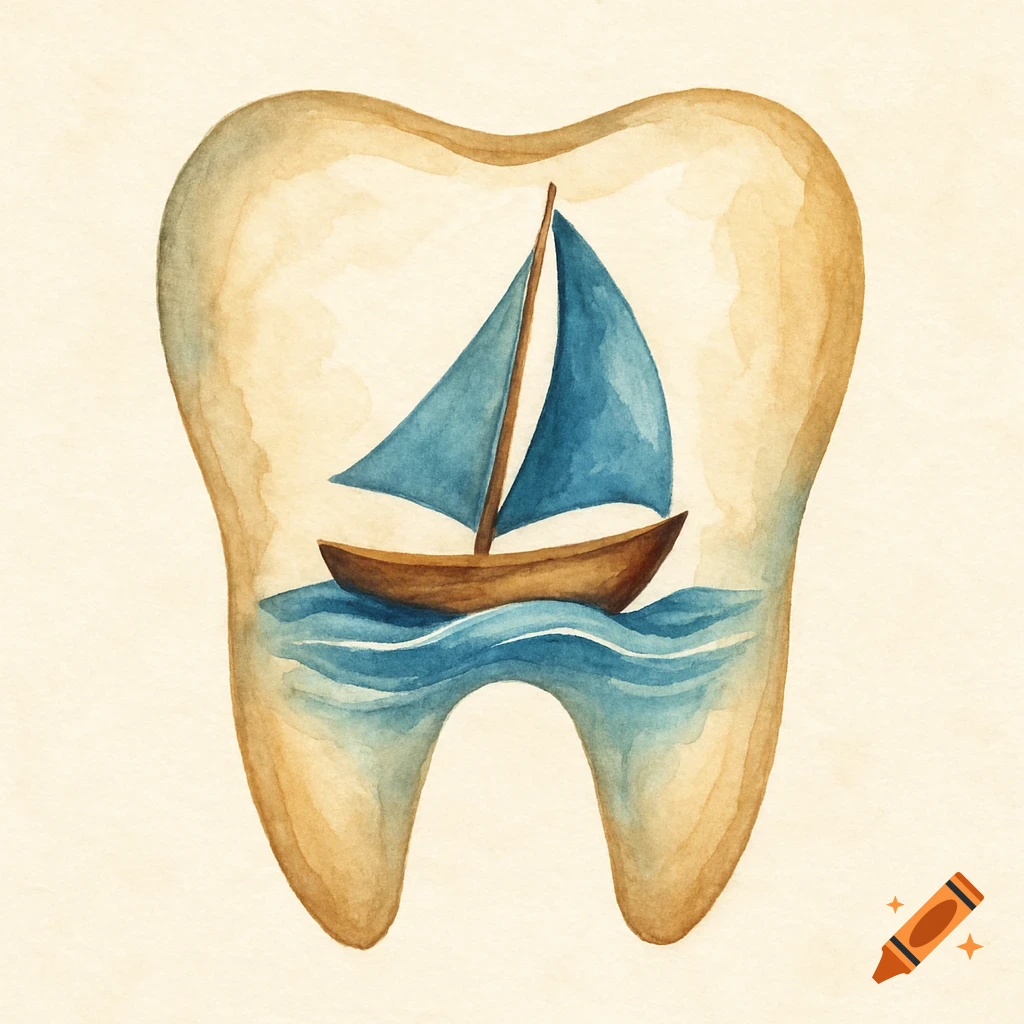 Watercolor illustration of a sailboat inside a tooth shape