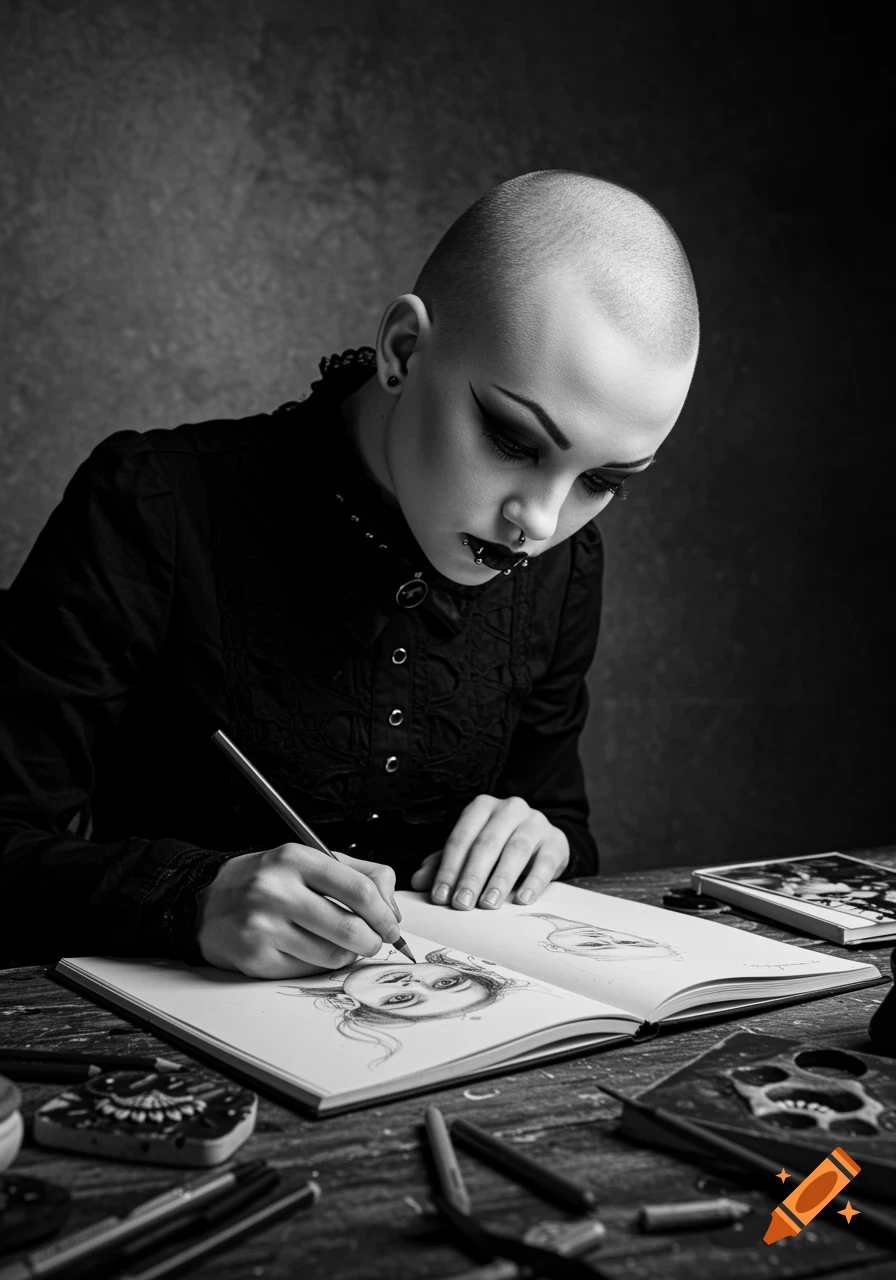 Black and white portrait of a bald person with gothic makeup drawing in a sketchbook.