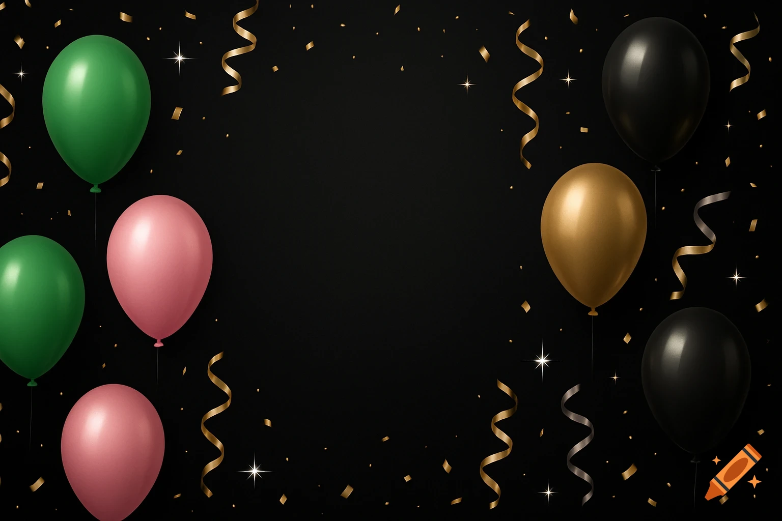 Dark party background with green, pink, gold, and black balloons, streamers, and confetti.