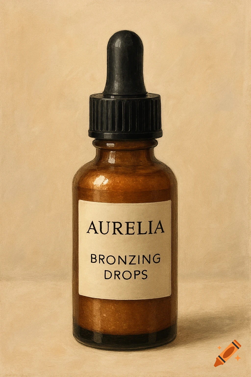 Close-up of an amber dropper bottle labeled AURELIA BRONZING DROPS, in a painterly style.