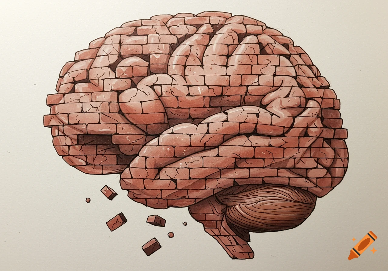 Drawing of a human brain made of cracking bricks, with pieces falling away.