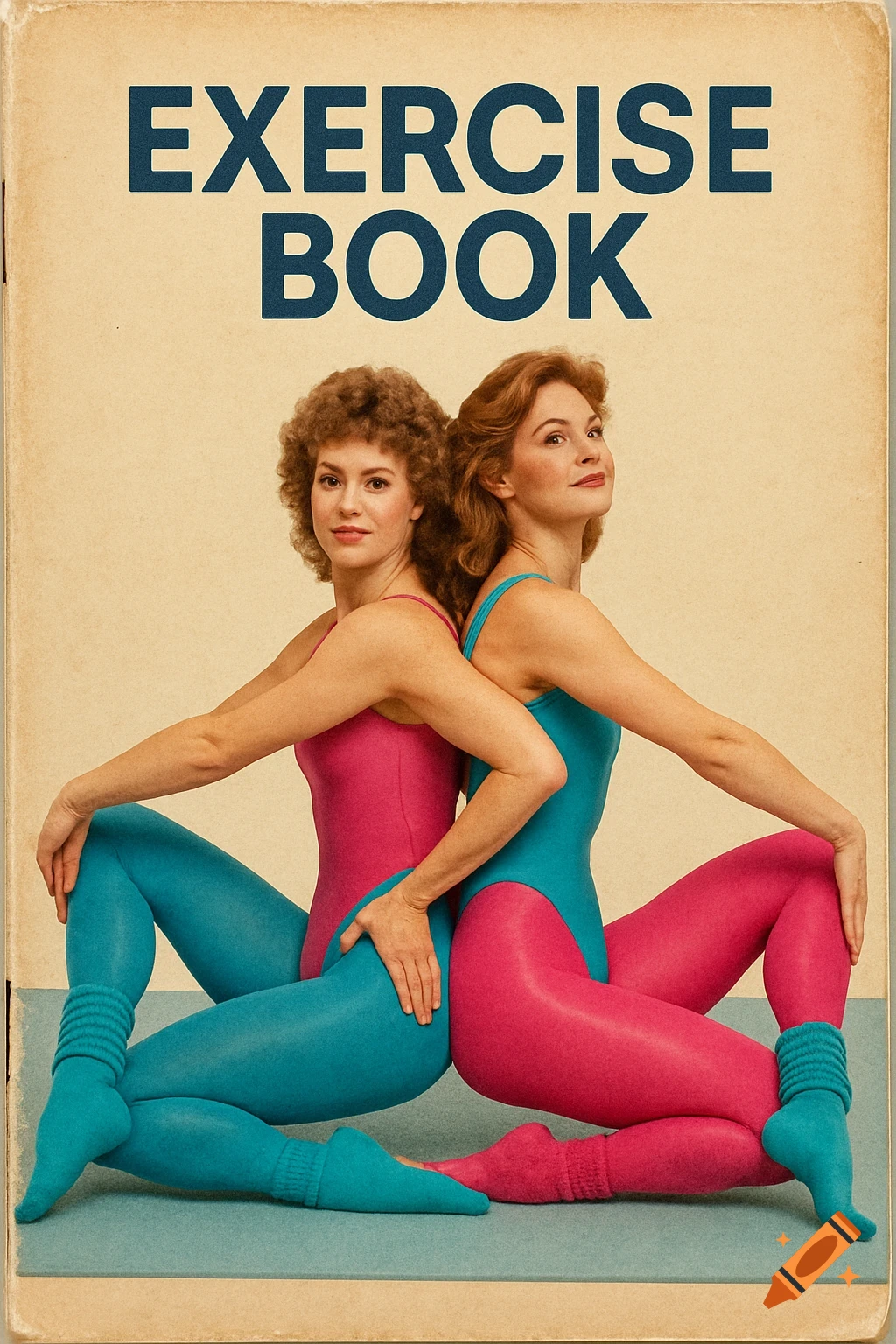 Two women in pink and blue 1980s exercise leotards and tights pose back-to-back on a book cover.