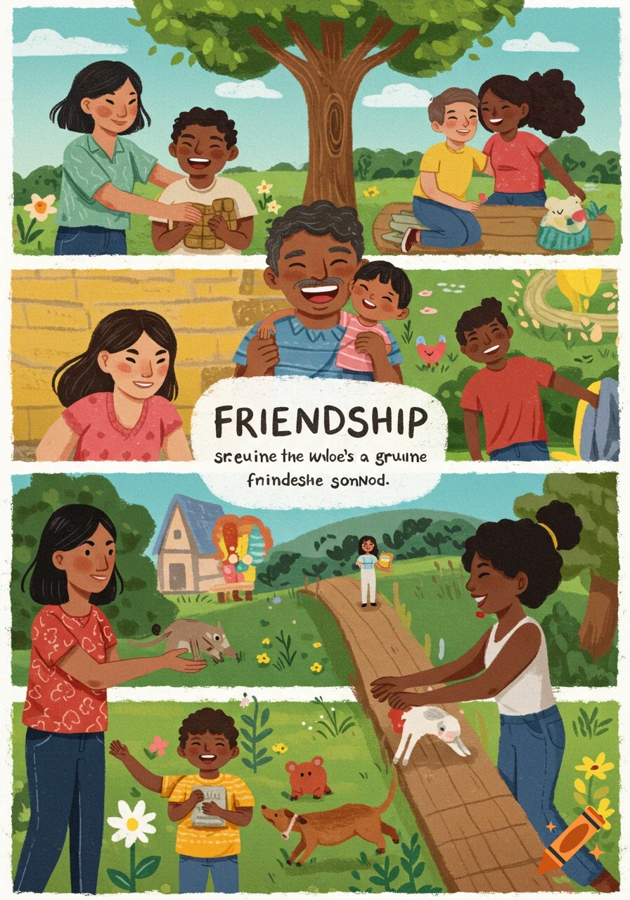 Illustration of diverse people and children interacting happily in multiple panels, with the word FRIENDSHIP.