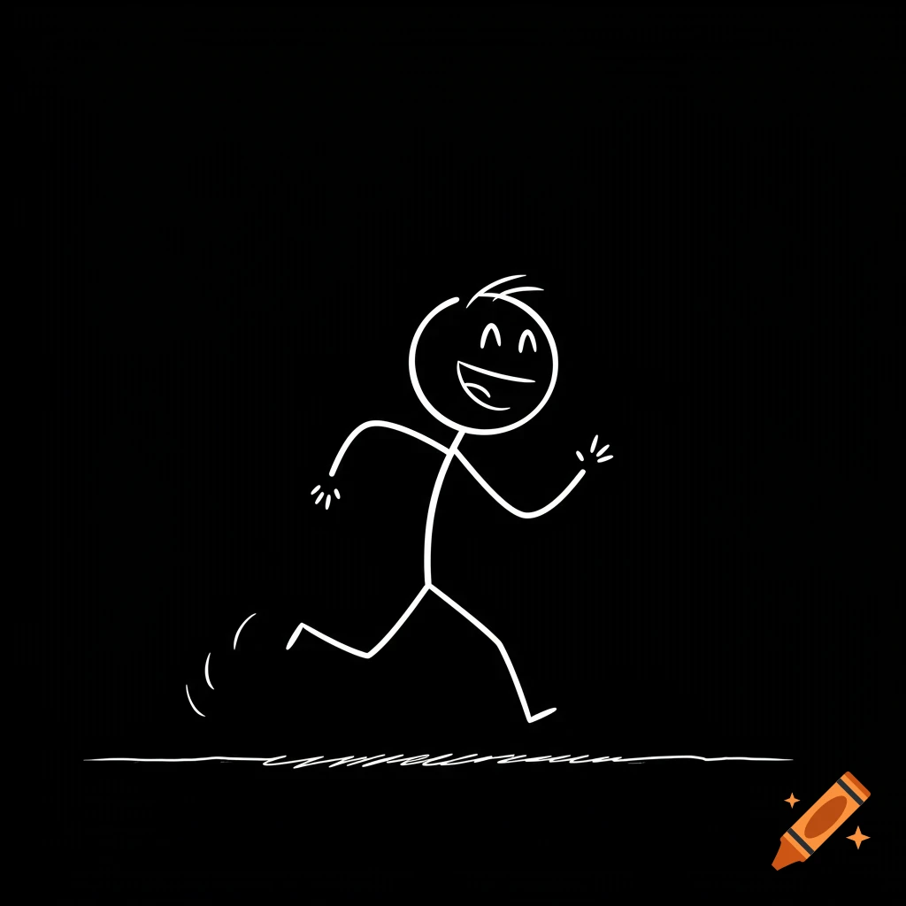 A white stick figure runs happily on a black background.