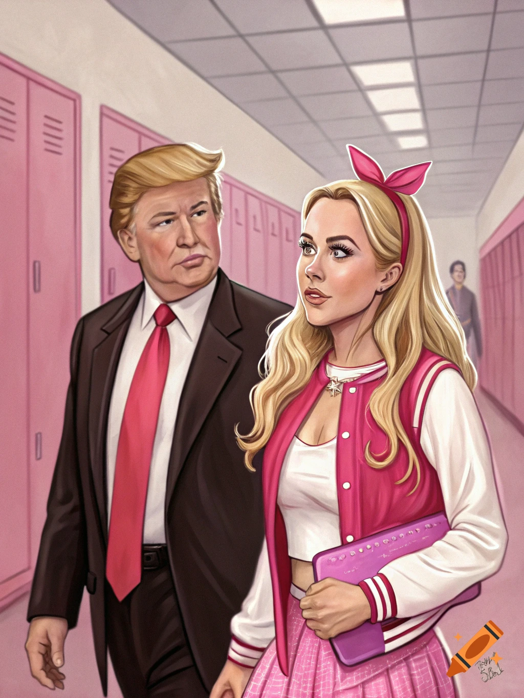 An illustration shows Donald Trump and a blonde woman in a school hallway dressed in "Mean Girls" style attire.
