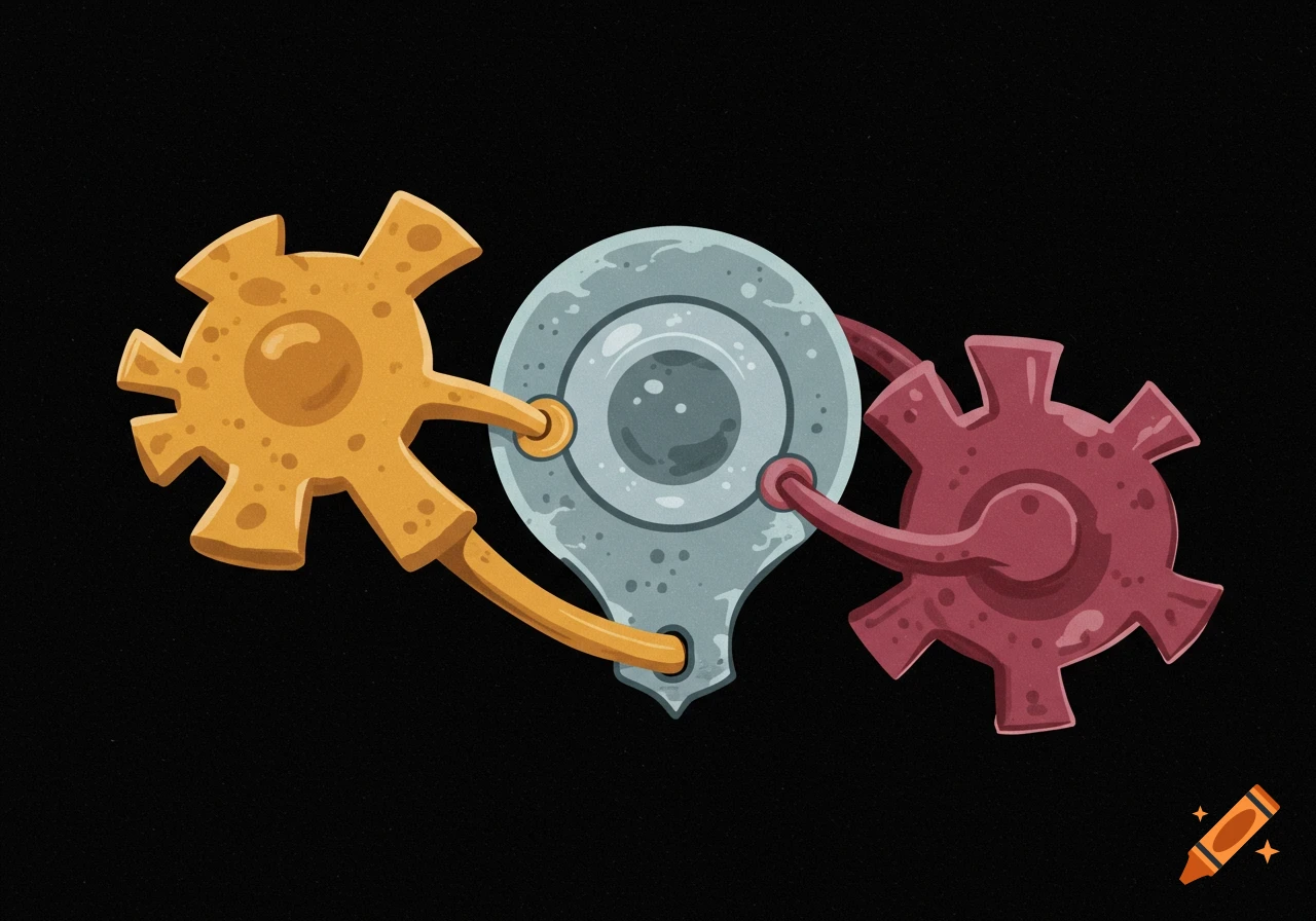 Abstract illustration of three interconnected gear-like shapes on a black background.