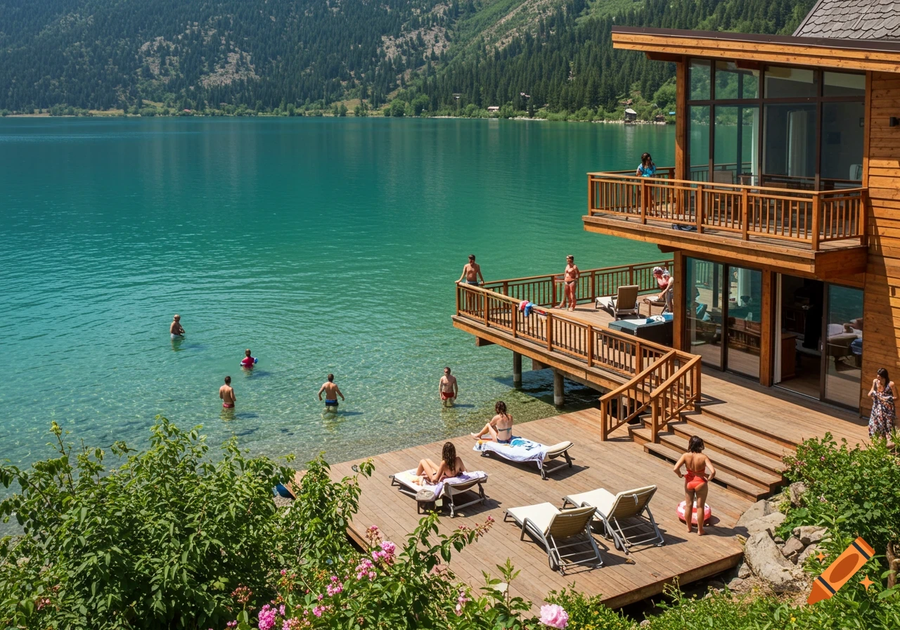 People swim and relax on a deck by a clear lake next to a modern lake house with mountains in the background.
