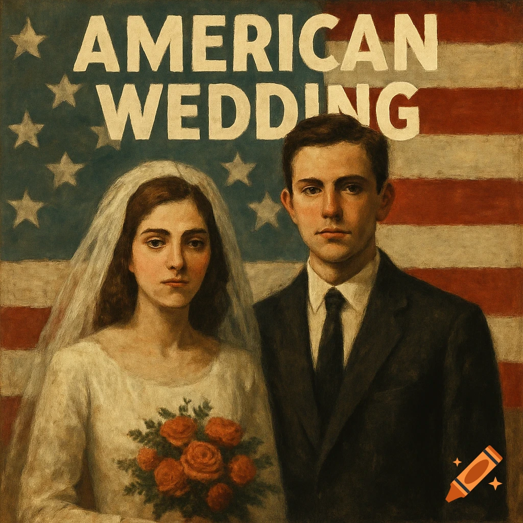 Painted portrait of a wedding couple standing in front of an American flag with the text 'AMERICAN WEDDING'
