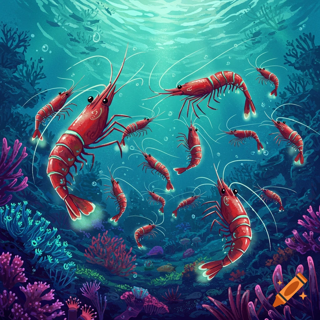 Red shrimp swimming underwater in an illustration with coral and bubbles