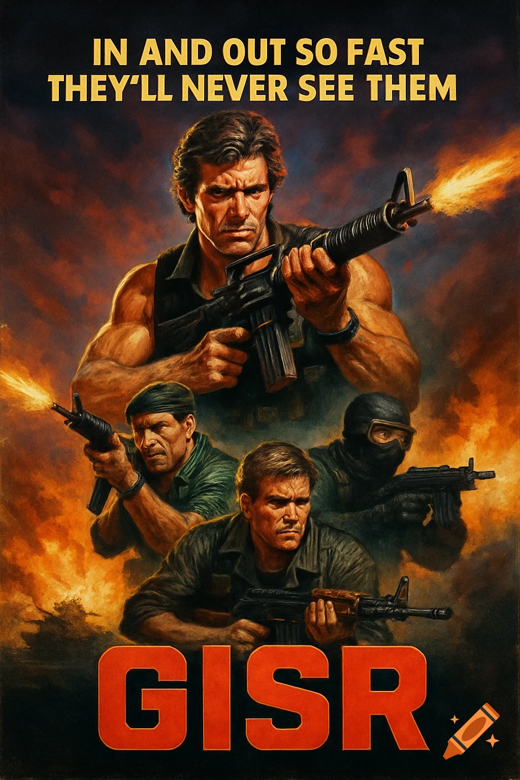 An 80s action movie poster featuring several armed men and text: 'IN AND OUT SO FAST THEY'LL NEVER SEE THEM' and 'GISR'.