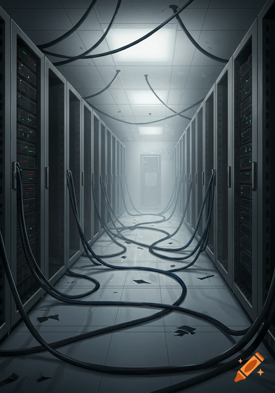 A long, dim hallway in a server room with rows of racks and messy cables on the floor.