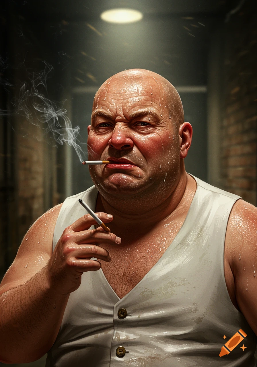 Sweating bald man in a white vest smokes two cigarettes, photorealistic style.