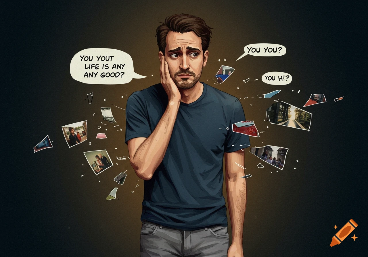 Illustration of a distressed man with fragmented memories and text bubbles around him.