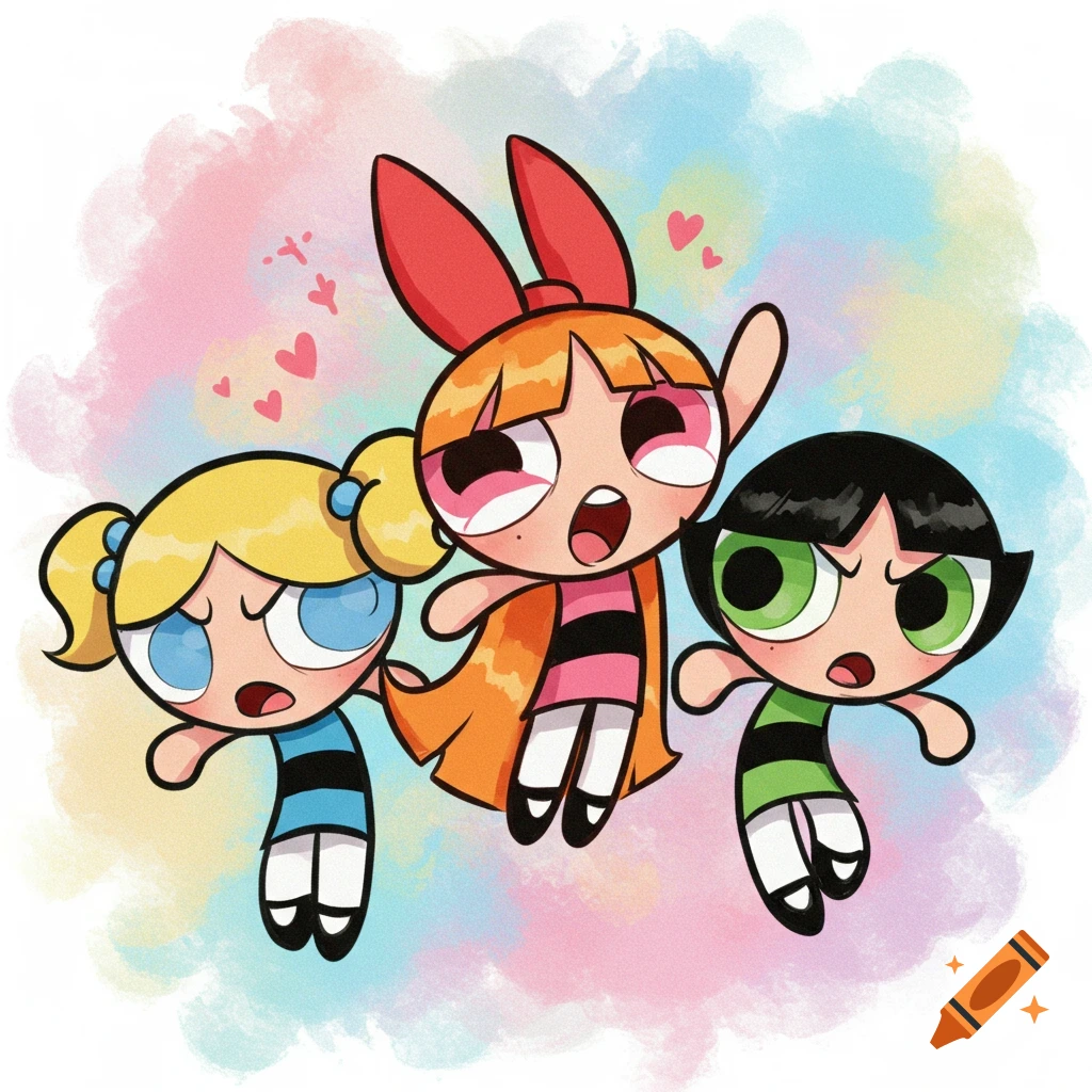 Blossom, Bubbles, and Buttercup, the Powerpuff Girls, floating in a cartoon style against a watercolor background.