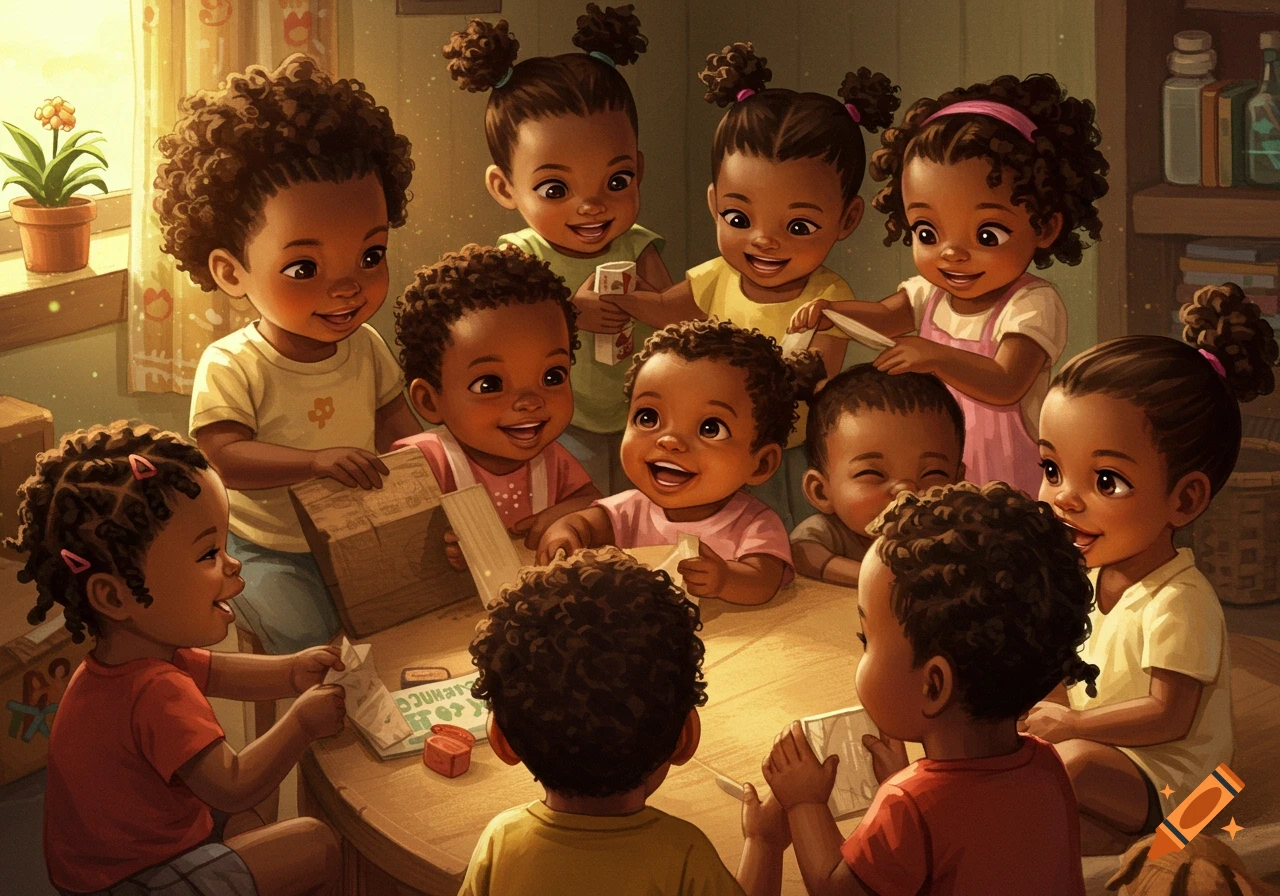 An illustration of multiple young children gathered around a table playing indoors.