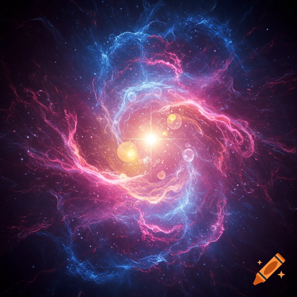 A vibrant swirling nebula in deep space with colors of pink and blue and a bright central light source.