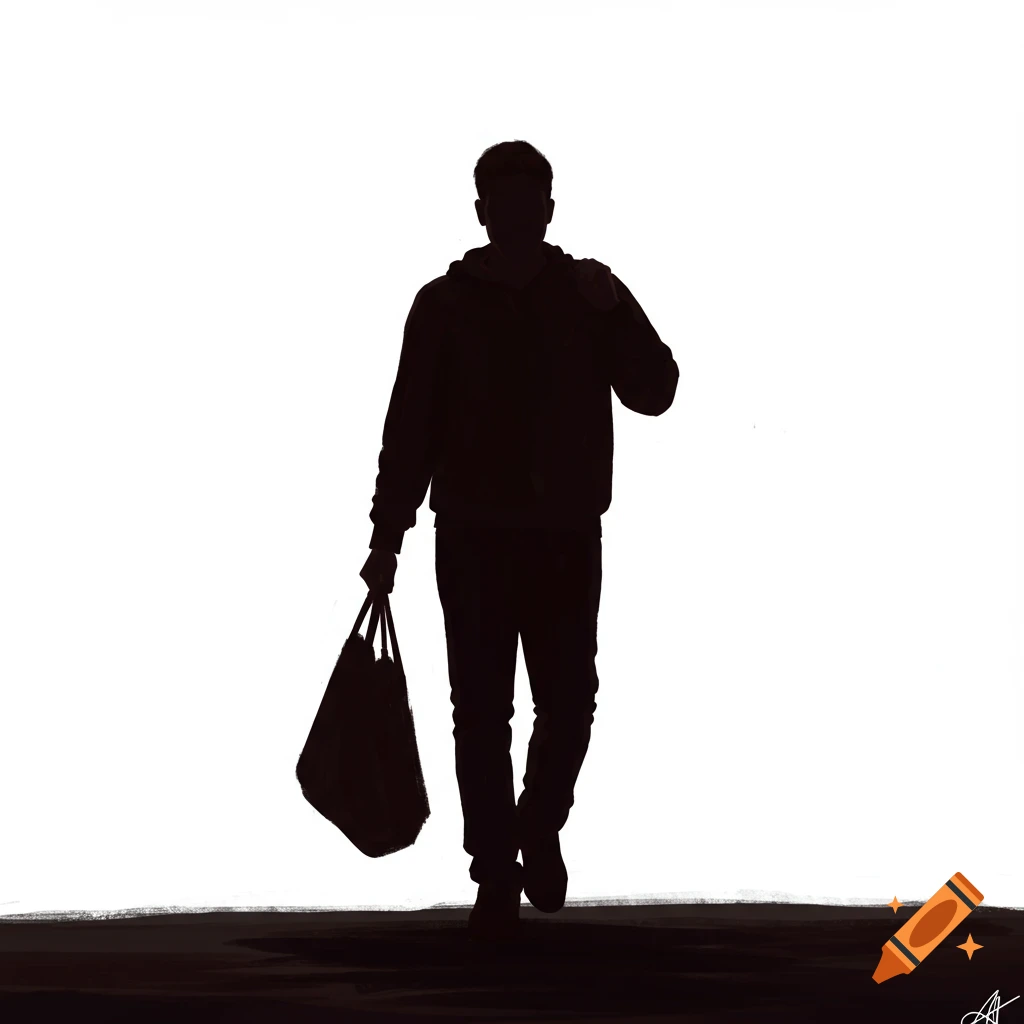 Silhouette of a man walking towards the camera carrying a bag