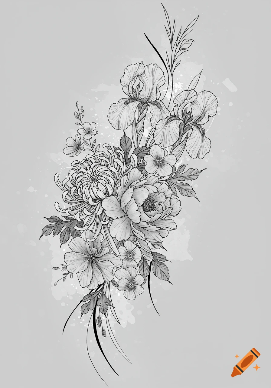 Black and white line art tattoo design of irises, peonies, and chrysanthemums.