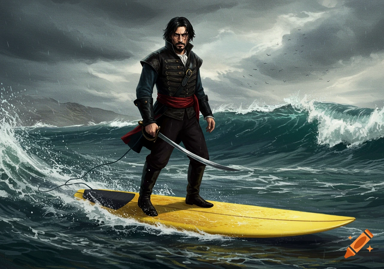A man in historical clothing surfs a large wave holding a sword under a stormy sky.