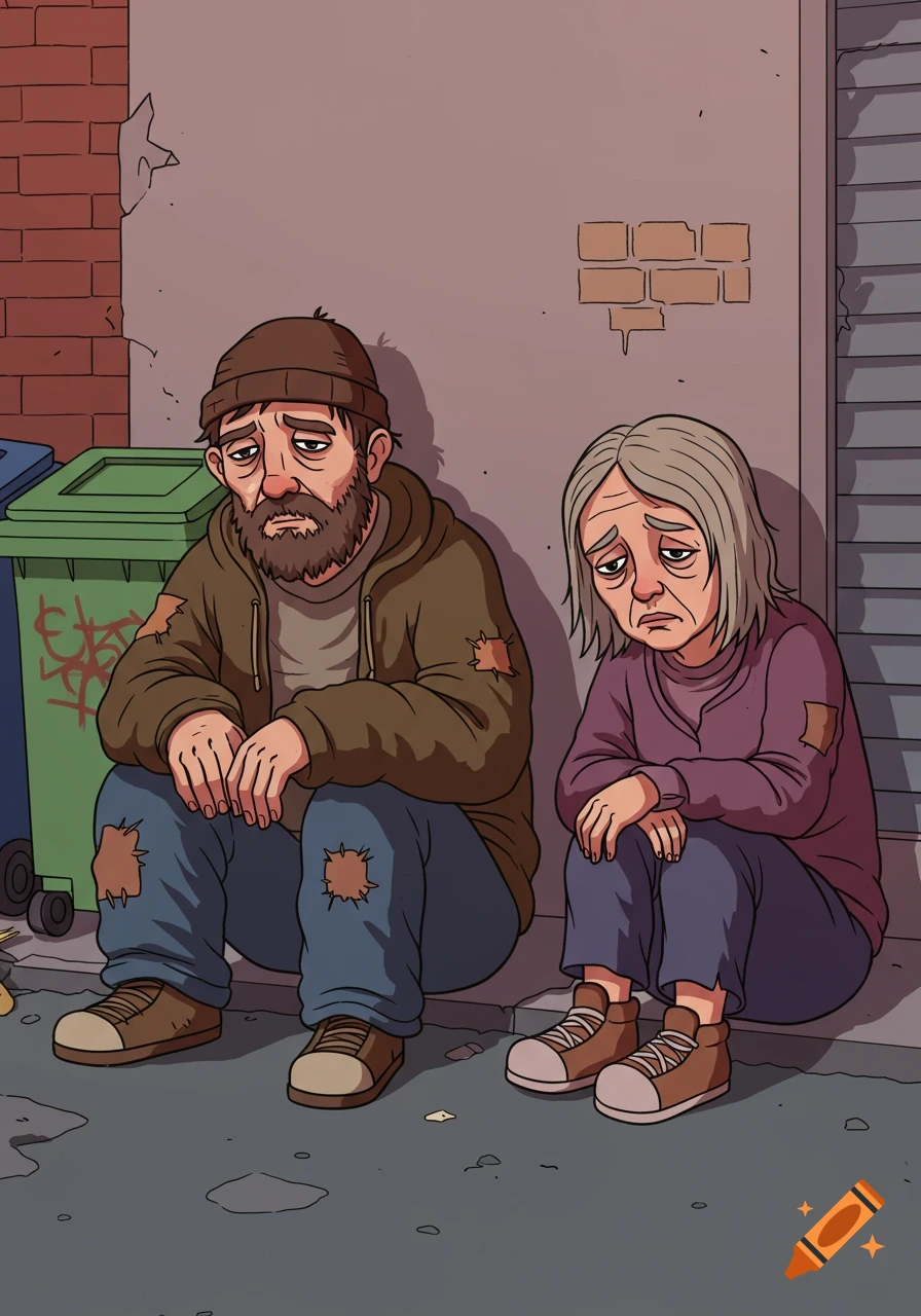 Cartoon illustration of two sad homeless people sitting by a wall and trash cans.