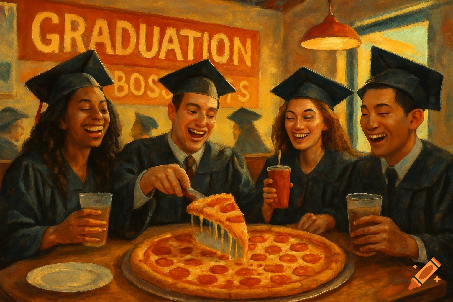 Graduates celebrate with pizza in a painterly style.