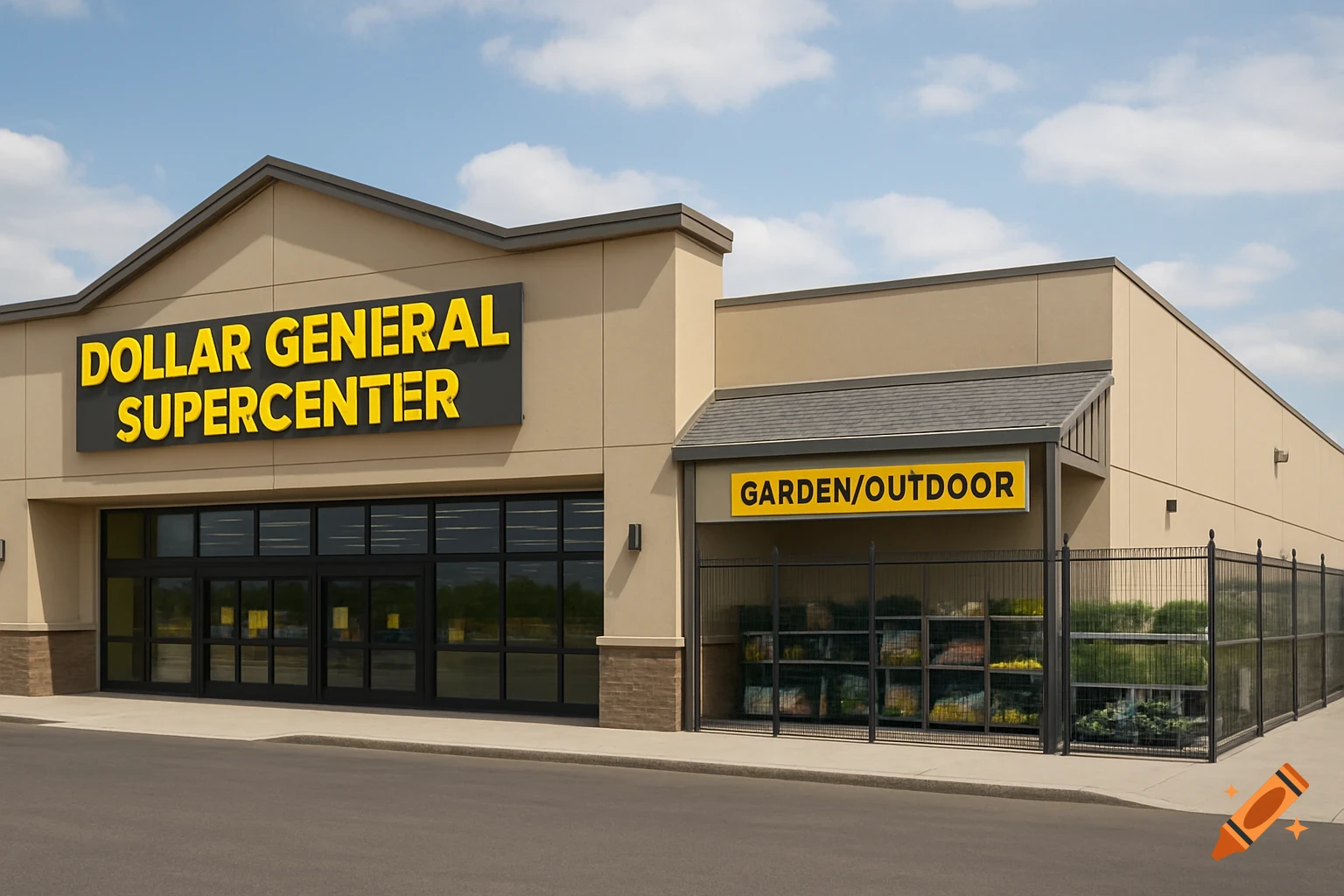 Photorealistic image of a Dollar General Supercenter store exterior with a Garden/Outdoor section.