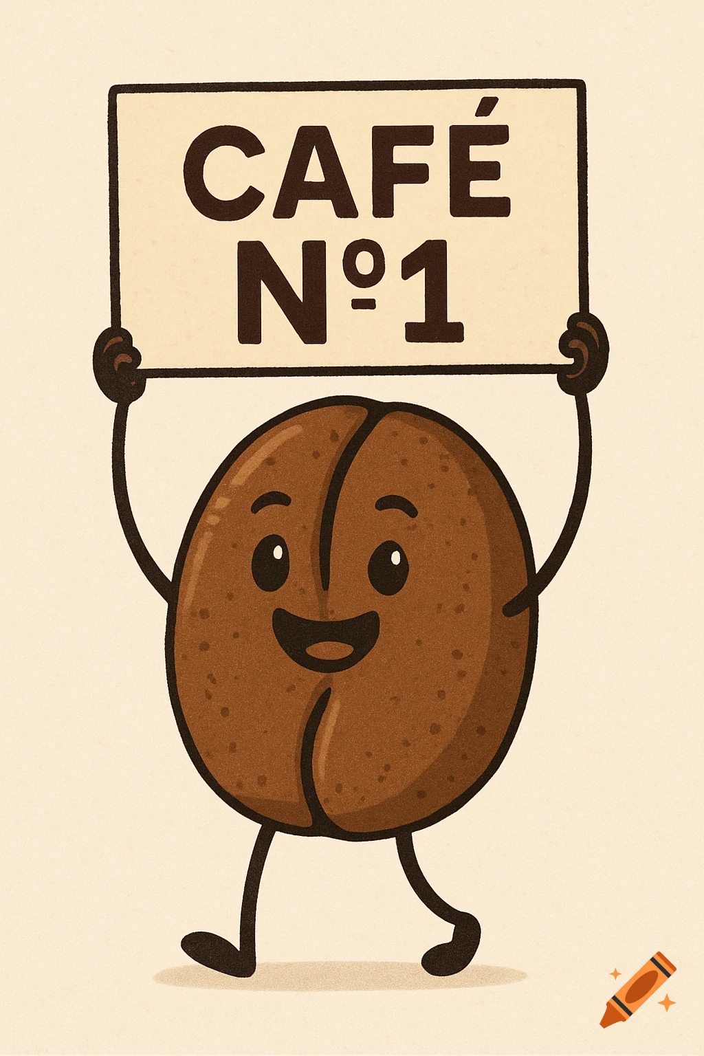 A cartoon coffee bean character holds a sign reading "CAFÉ N°1".