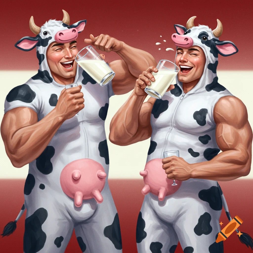 Muscular men in cow costumes with udders clinking glasses of milk