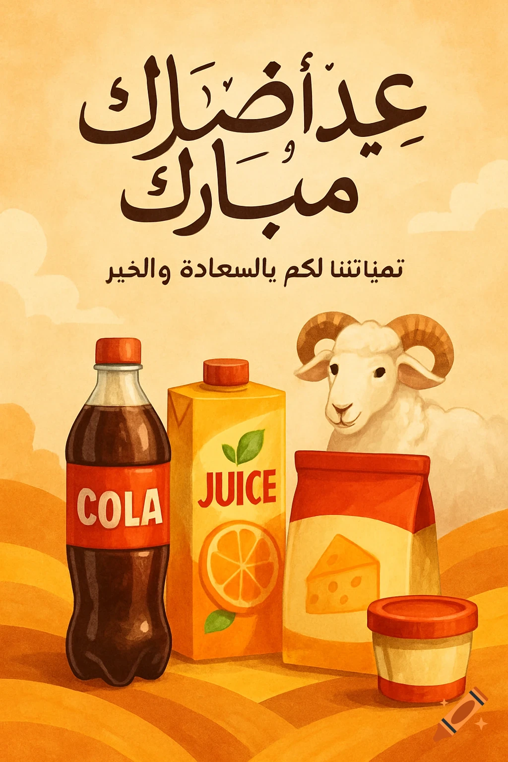 Illustrated Eid al-Adha greeting with Arabic text, featuring a sheep, cola bottle, juice carton, and cheese package on an orange background.