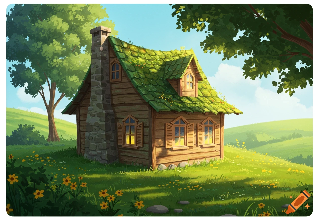 An illustration of a charming wooden cottage with a green mossy roof in a sunny grassy field with trees and yellow flowers.