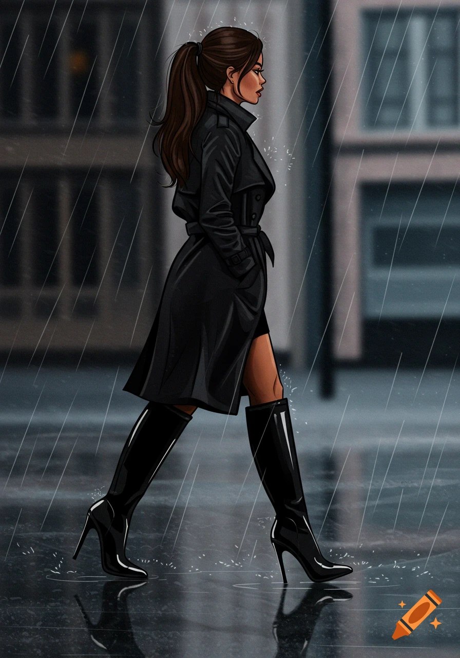 Illustration of a woman in a black trench coat and boots walking in the rain.