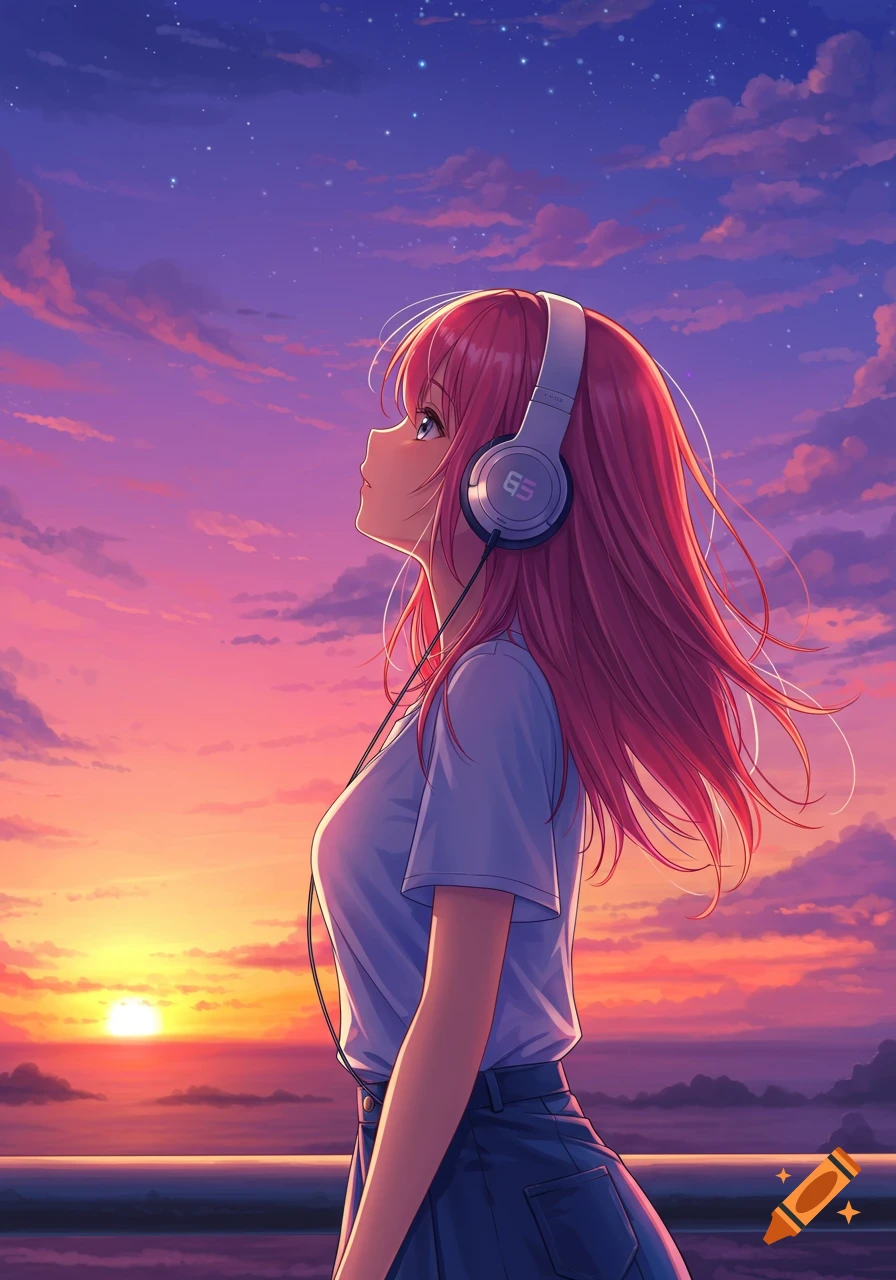 Anime girl with pink hair and headphones looks up at a starry sunset ...