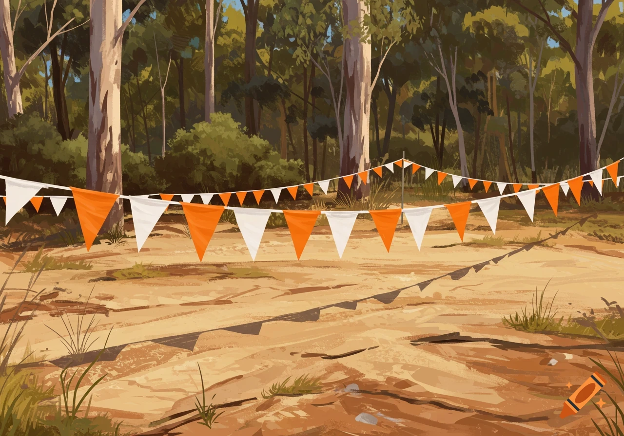 Painted scene of orange and white triangle bunting strung low across a bushland path.