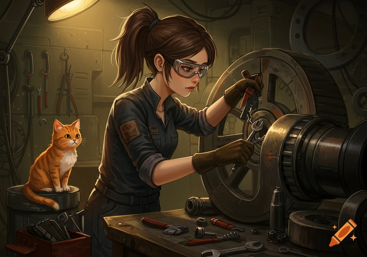 A woman machinist works on machinery in a workshop with an orange cat watching.