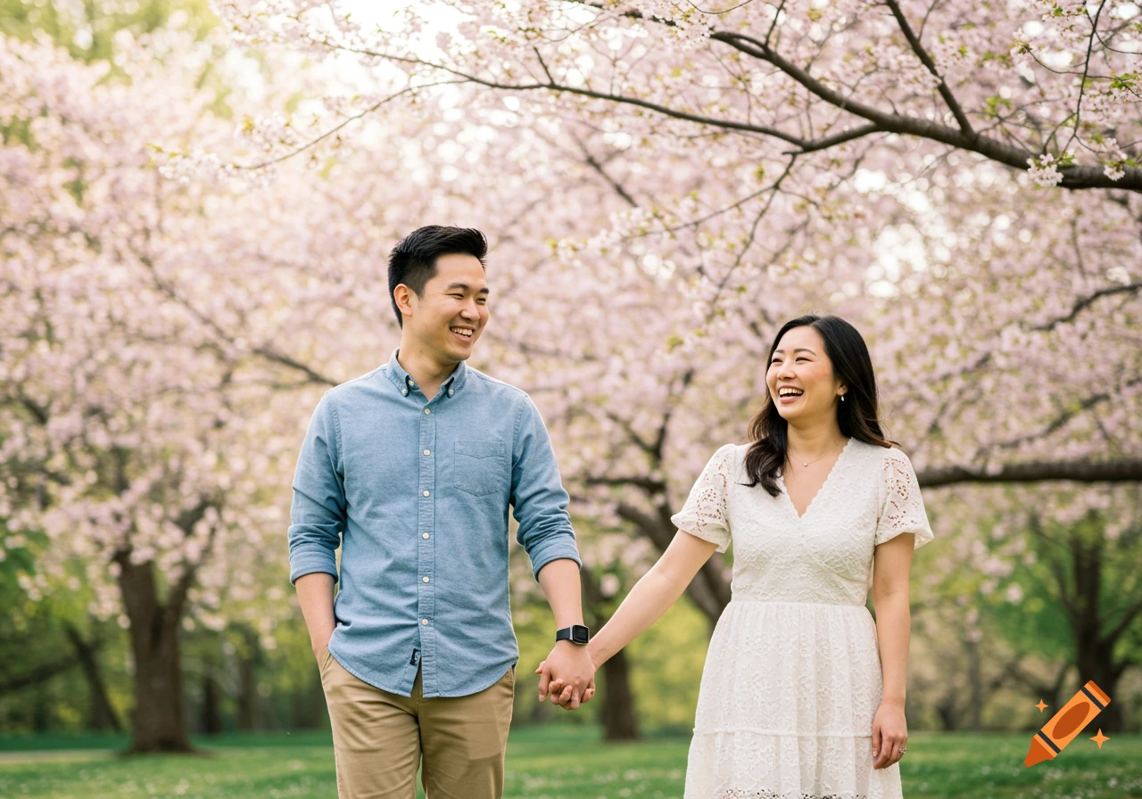 Young couple holding hands and walking in a park with pink cherry blossoms.