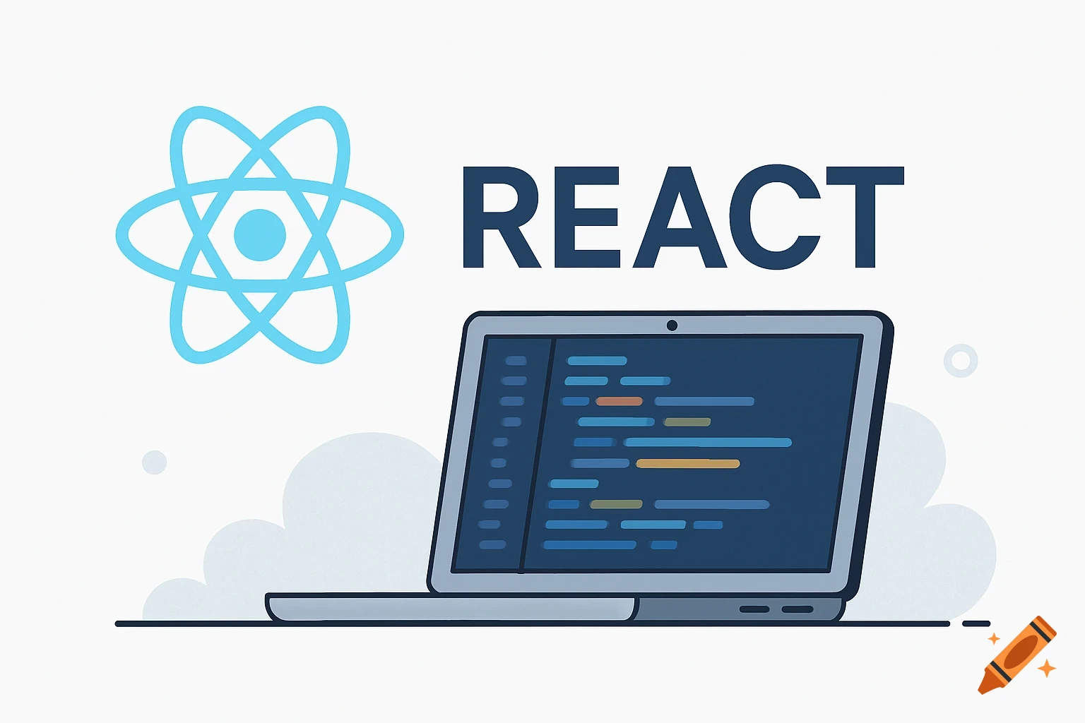 Illustration of the React logo, text 'REACT', and a laptop displaying code.