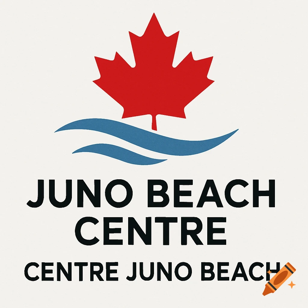 Logo with red maple leaf above blue waves, and the text JUNO BEACH CENTRE CENTRE JUNO BEACH
