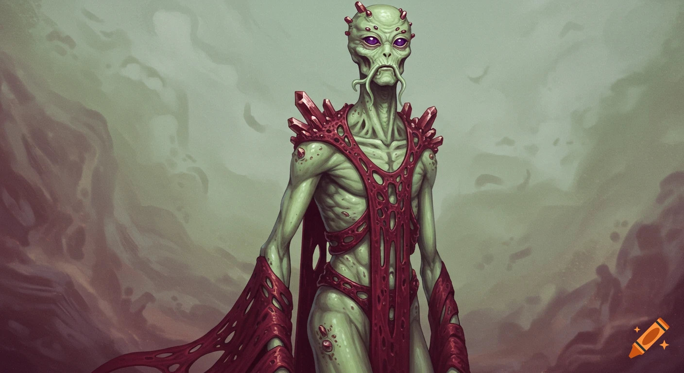 Illustration of a tall, slender green alien creature in a red crystal-studded robe standing in a misty landscape.