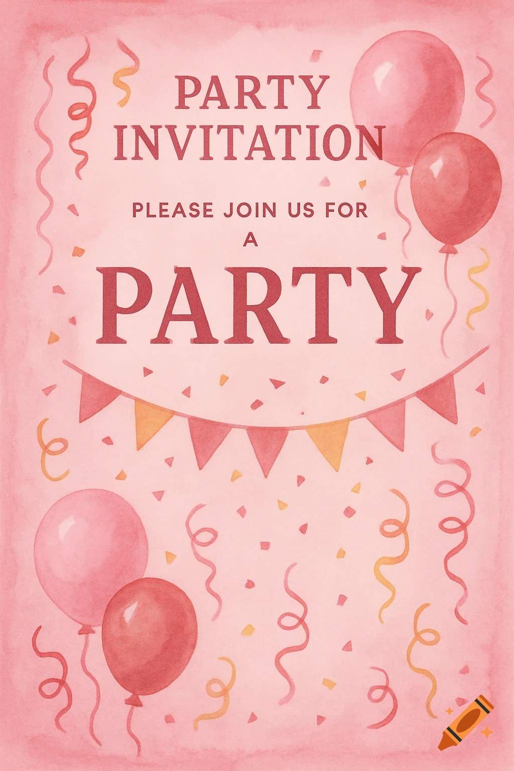 Watercolor pink party invitation with balloons, confetti, ribbons, and text.