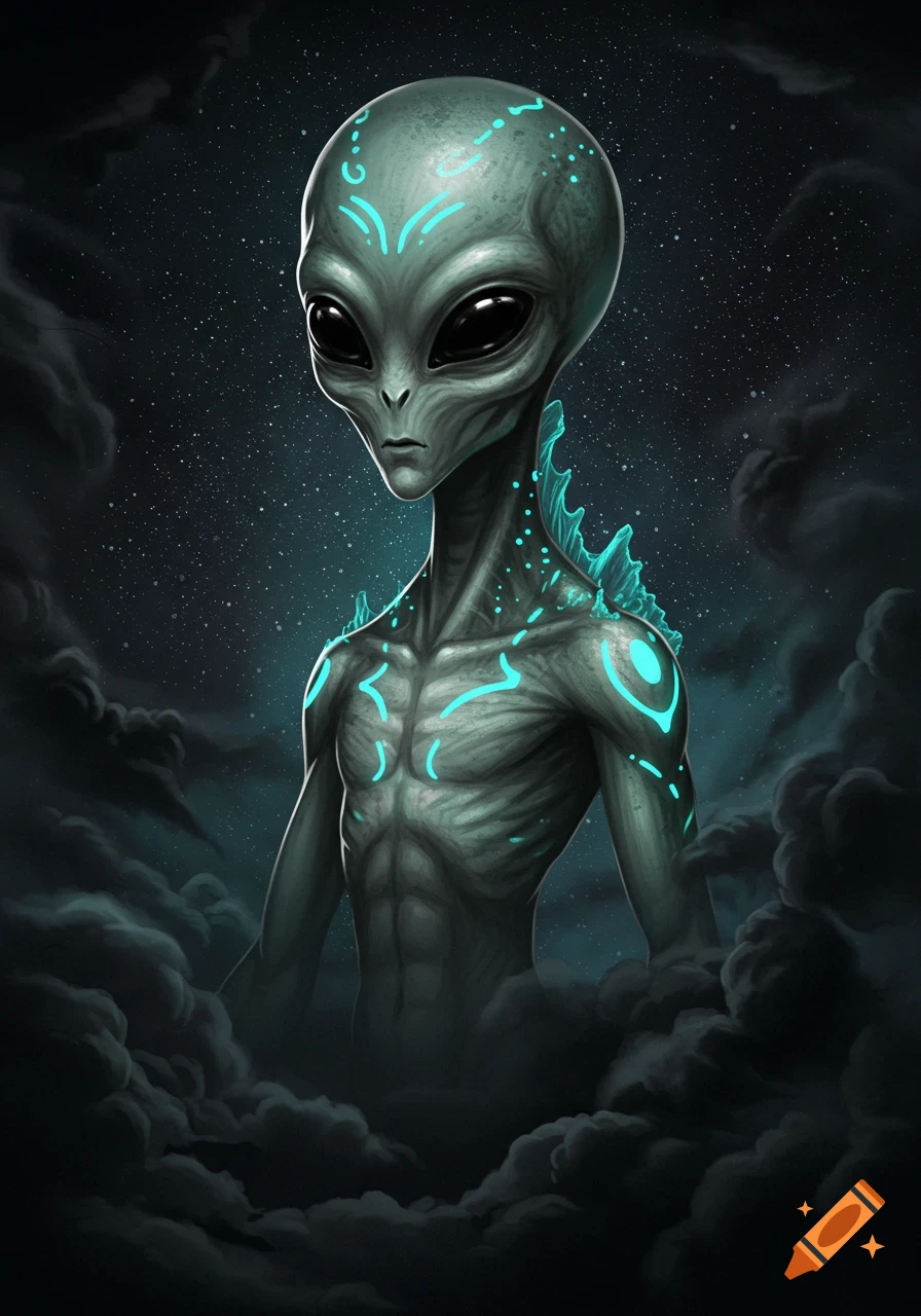 Illustration of a grey alien with glowing blue markings in space with clouds.