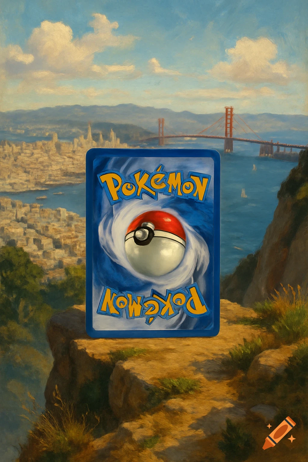A Pokémon card back sits on a cliff overlooking San Francisco and the Golden Gate Bridge, painted style.